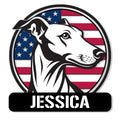 Custom greyhound metal sign featuring a black-and-white dog portrait over an American flag design