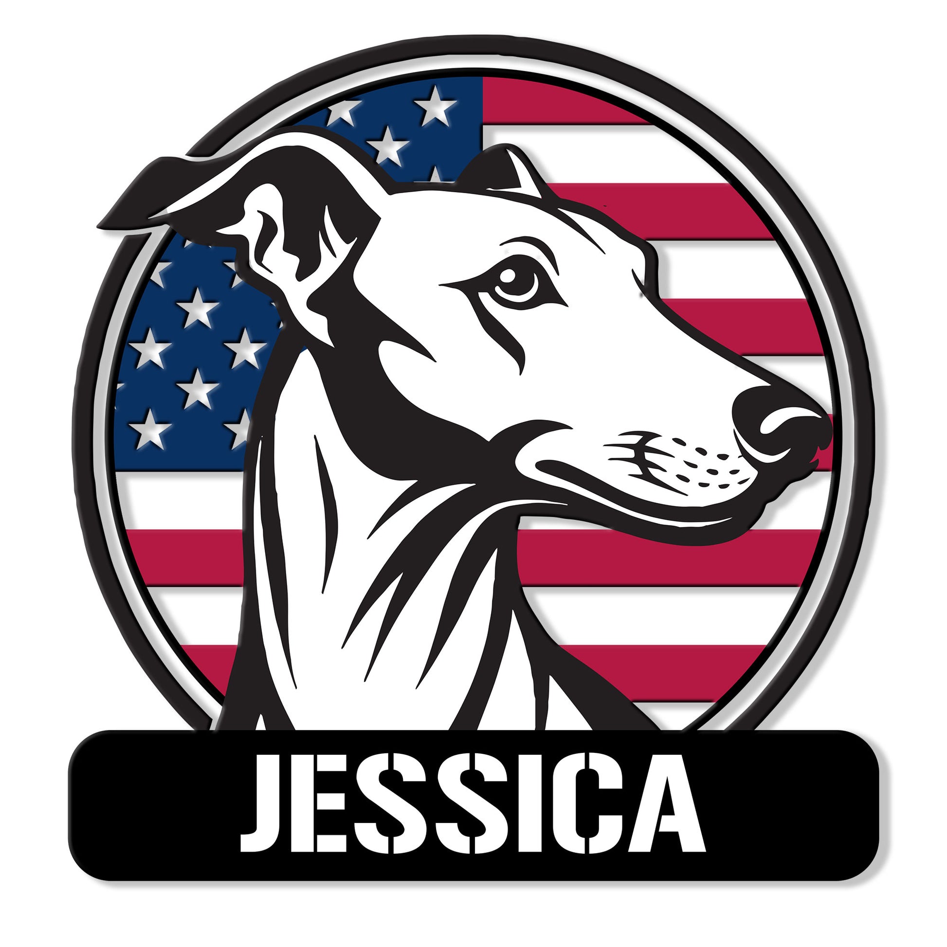 Custom greyhound metal sign featuring a black-and-white dog portrait over an American flag design