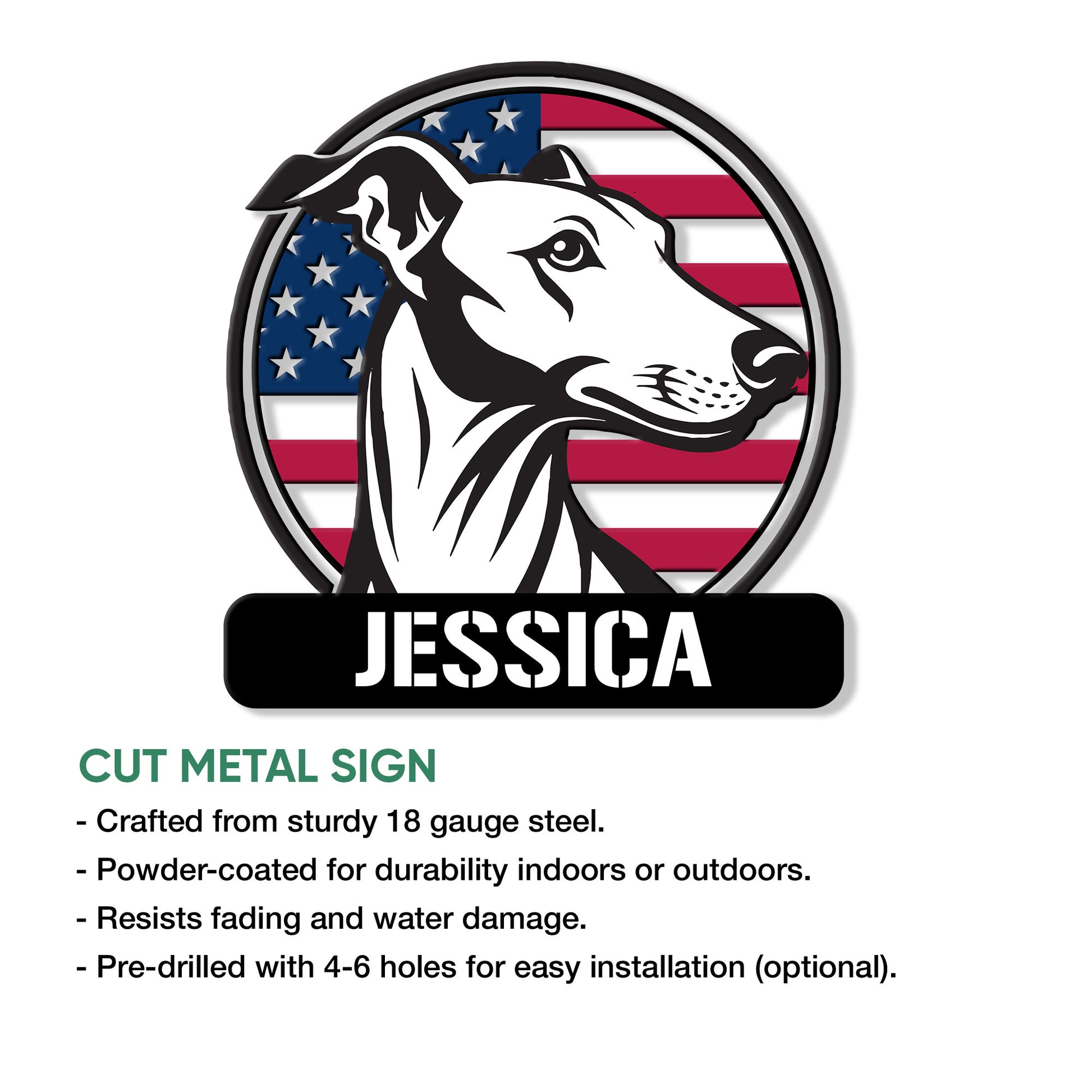 Greyhound metal sign feature graphic showing the patriotic dog portrait and cut metal sign design