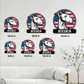 Greyhound metal sign size guide showing six square size options in a home wall setting