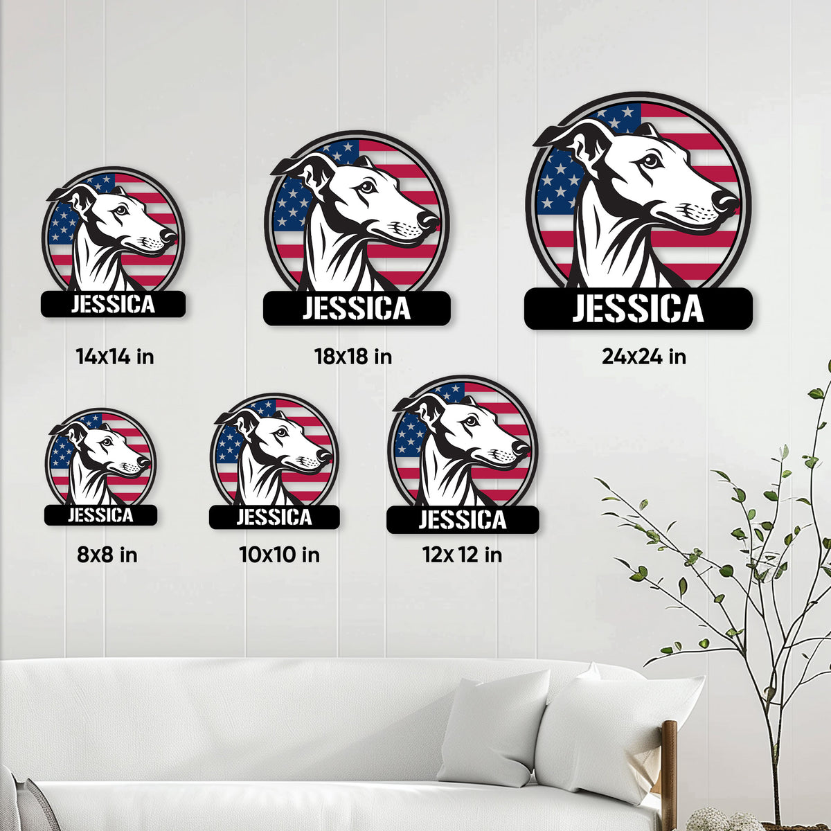 Greyhound metal sign size guide showing six square size options in a home wall setting