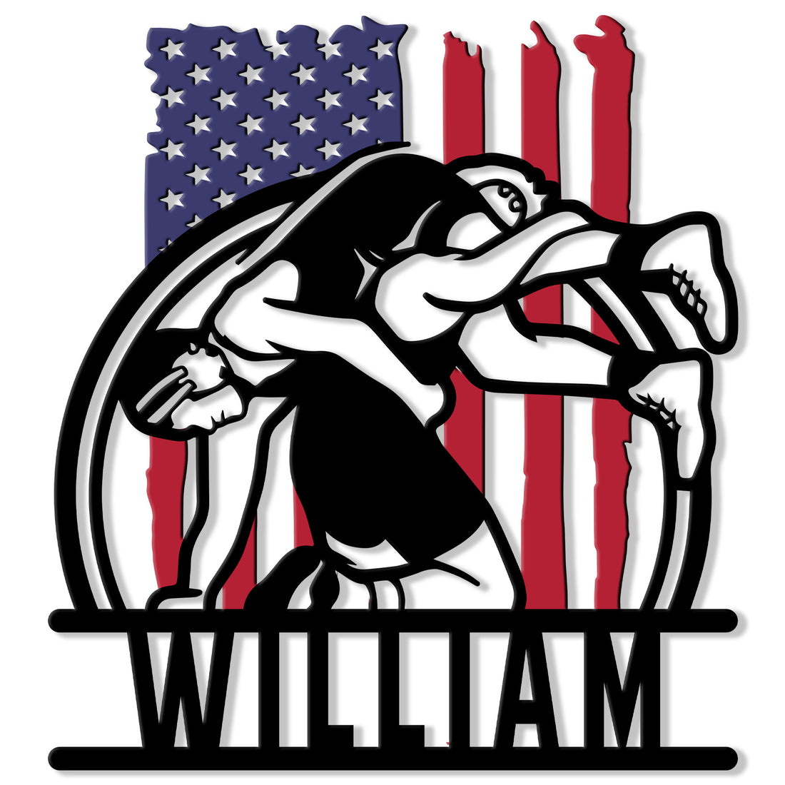 Patriotic wrestling metal sign featuring a grappler in action before an American flag