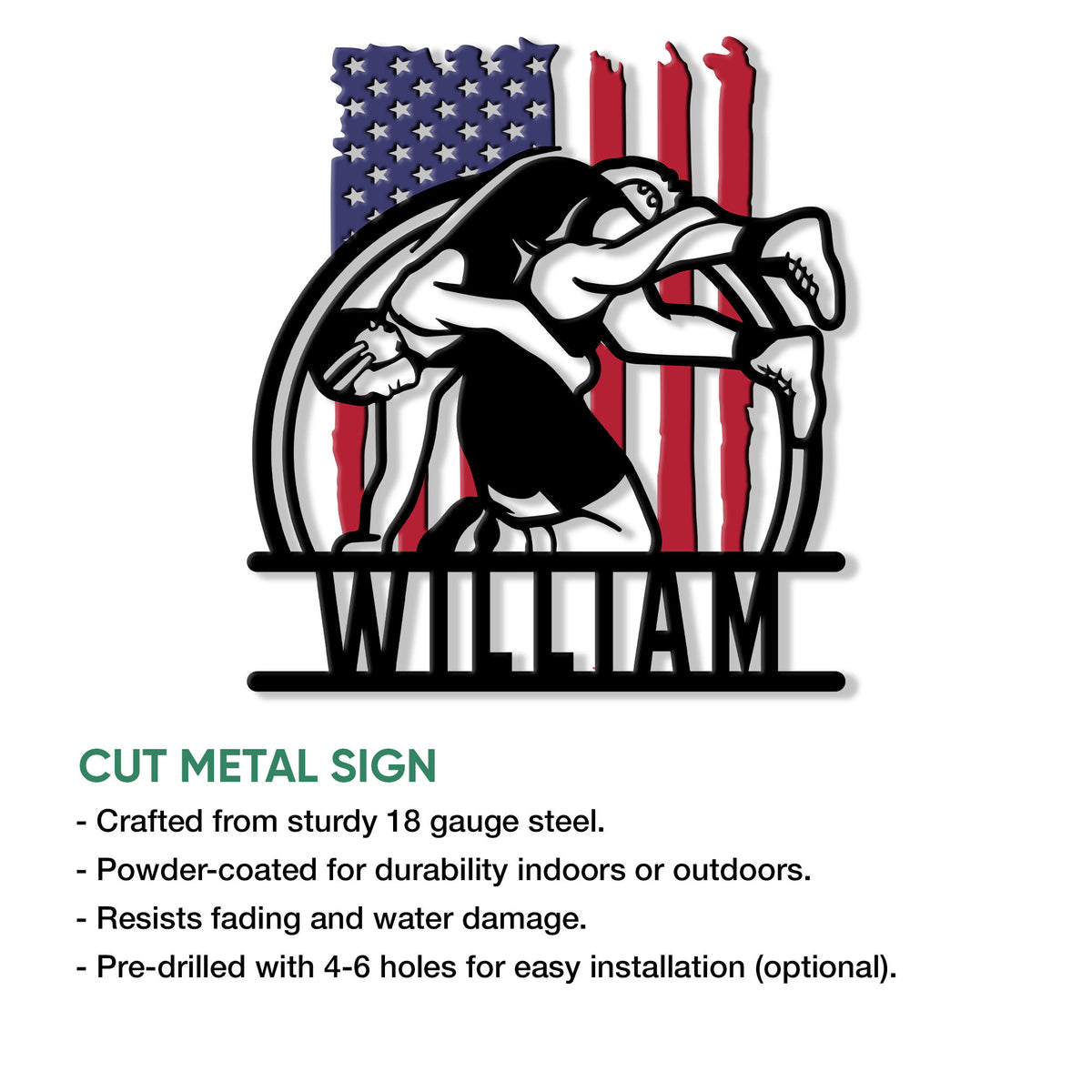 Wrestling metal sign feature graphic showing the patriotic grappler artwork and product presentation