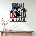 Patriotic wrestler metal wall sign displayed on a bright paneled entryway wall
