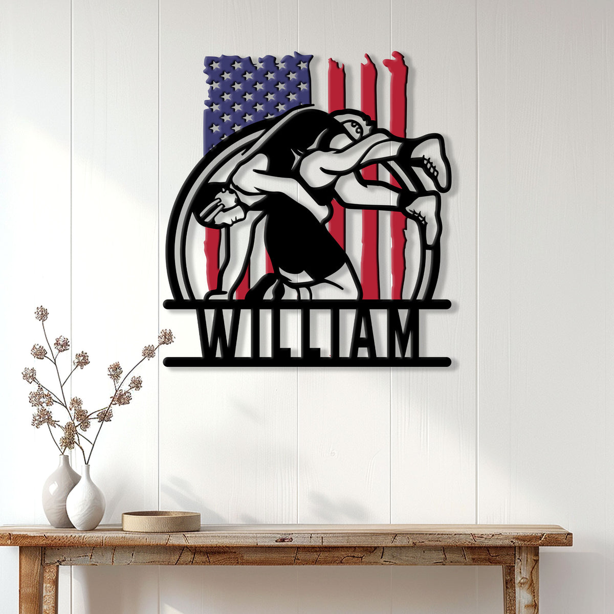 Patriotic wrestler metal wall sign displayed on a bright paneled entryway wall
