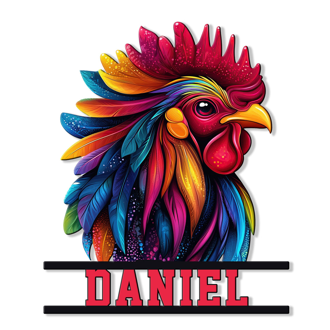 Colorful rooster metal sign featuring vivid layered feathers, a bright comb, and bold farmhouse chicken decor styling