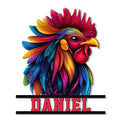 Colorful rooster metal sign featuring vivid layered feathers, a bright comb, and bold farmhouse chicken decor styling