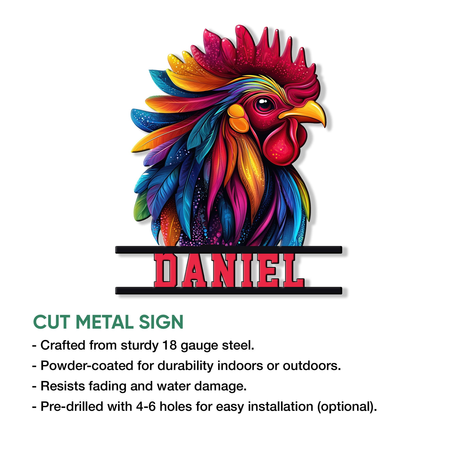 Colorful rooster cut metal sign shown with a product feature presentation for indoor or outdoor chicken decor