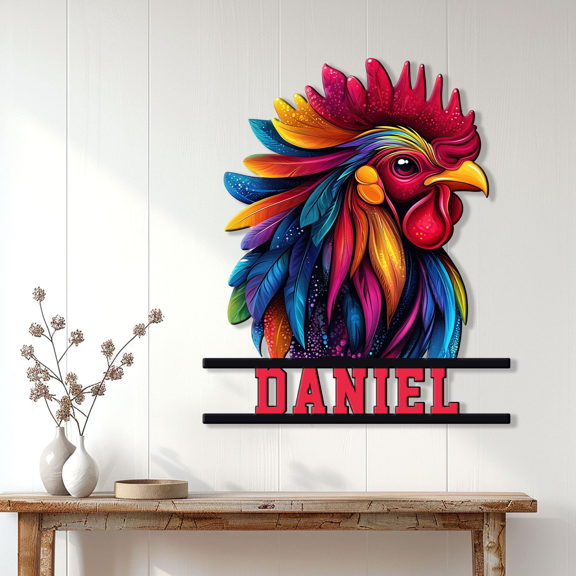 Colorful rooster metal wall sign displayed above a console table in a bright modern farmhouse entryway