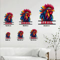 Rooster metal sign size guide showing multiple available square sizes in a living room setting