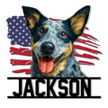 Australian Cattle Dog metal sign featuring a blue heeler portrait over a distressed American flag design