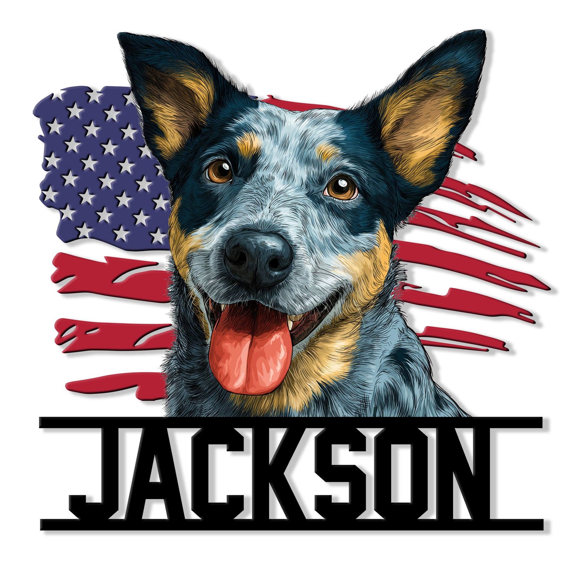 Australian Cattle Dog metal sign featuring a blue heeler portrait over a distressed American flag design