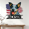 Australian Cattle Dog metal wall sign displayed on a white paneled wall above a wooden console