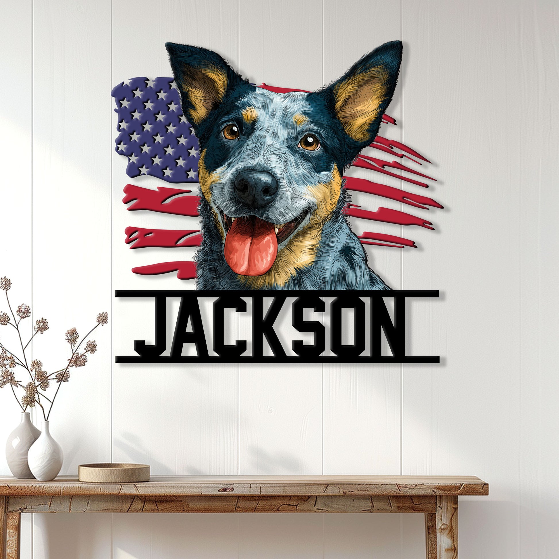 Australian Cattle Dog metal wall sign displayed on a white paneled wall above a wooden console