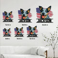 Australian Cattle Dog metal sign size guide showing six available square sizes in a living room setting