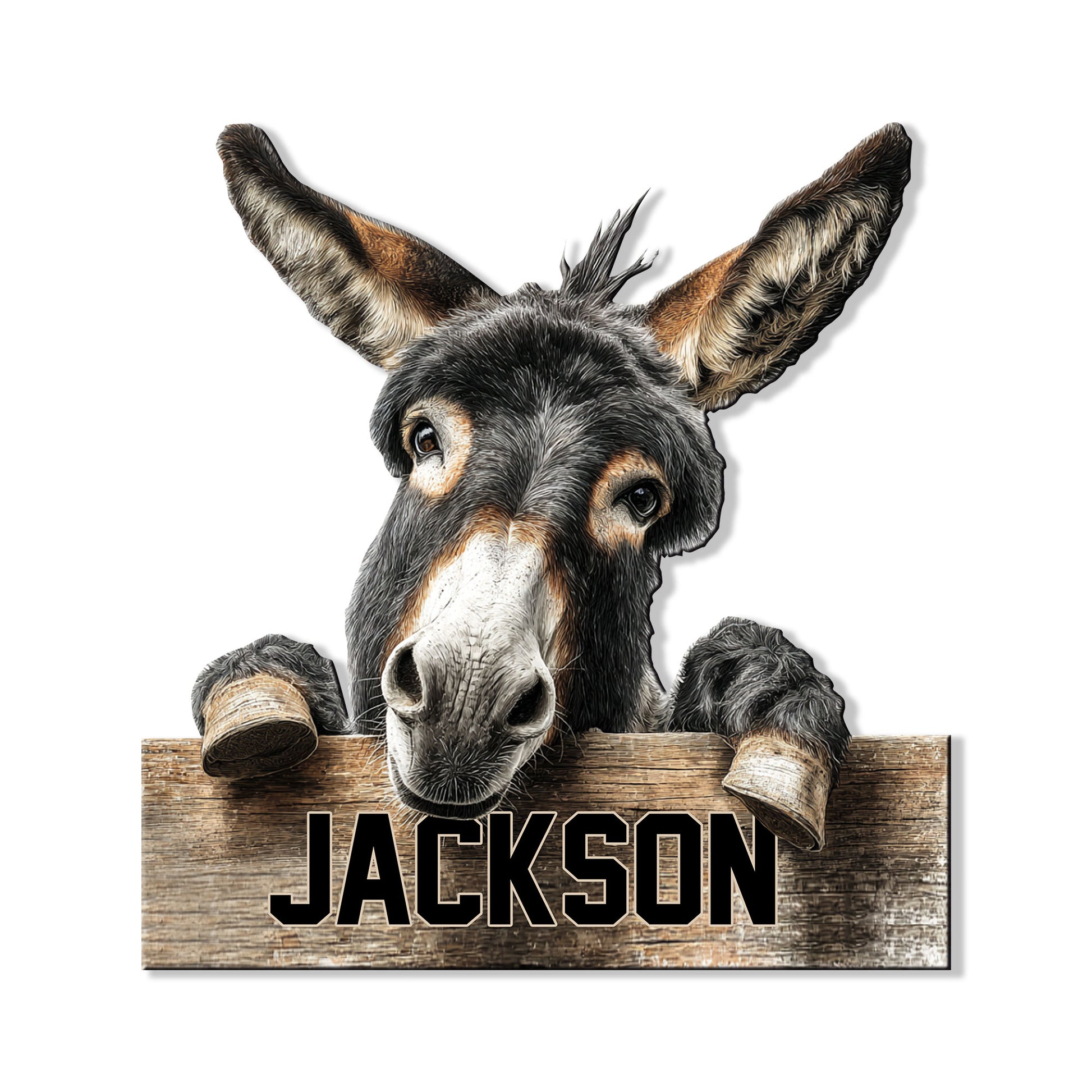 Detailed donkey portrait peeking over a rustic wood plank on a custom metal sign