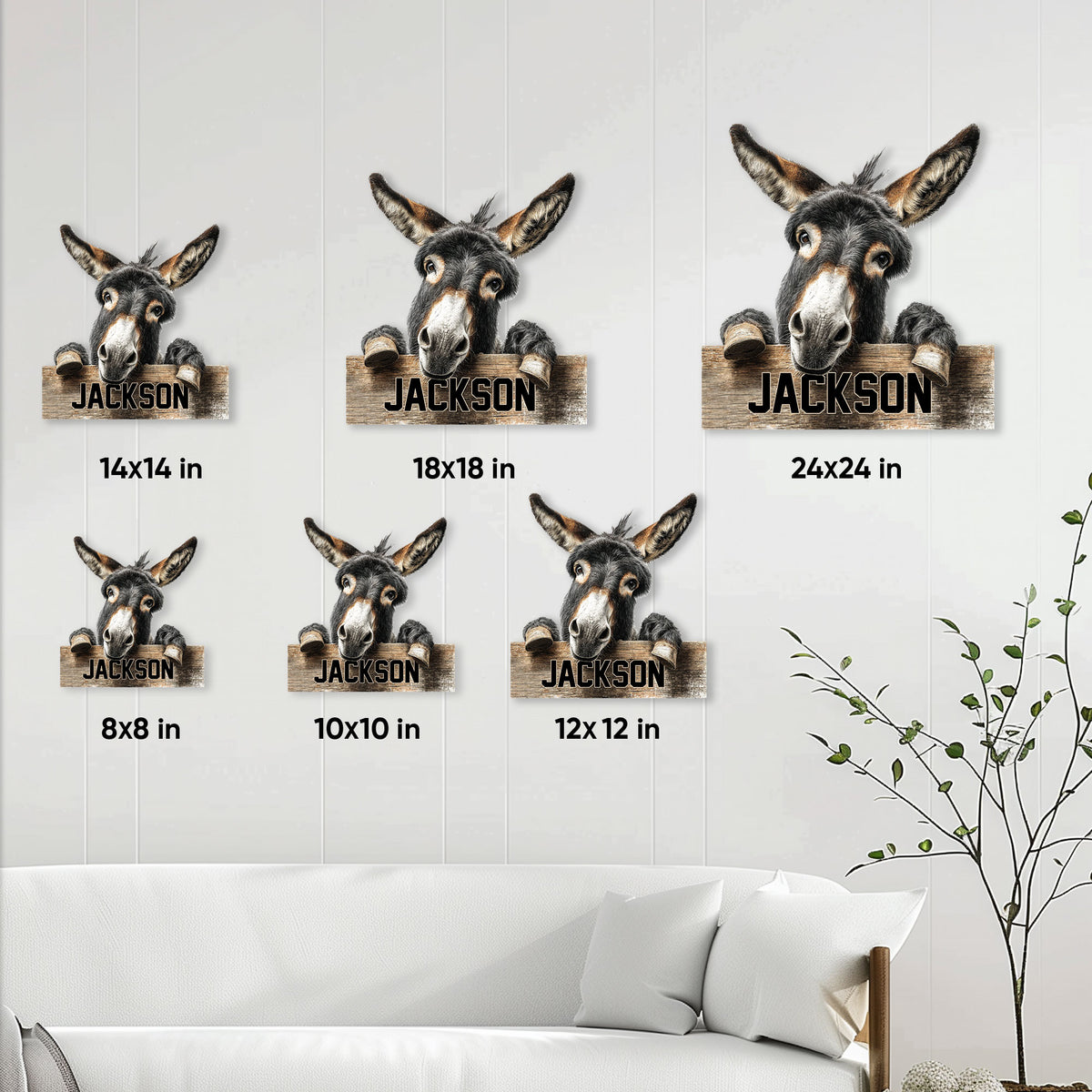 Donkey metal sign size guide showing available square sizes from 8x8 to 24x24 inches