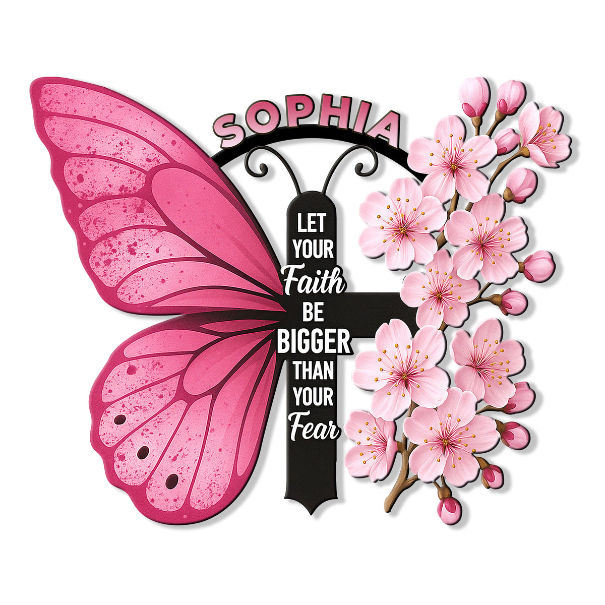 Pink butterfly breast cancer metal sign with cherry blossoms and an encouraging faith message