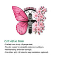 Breast cancer butterfly metal sign shown with cut metal sign features and available size options