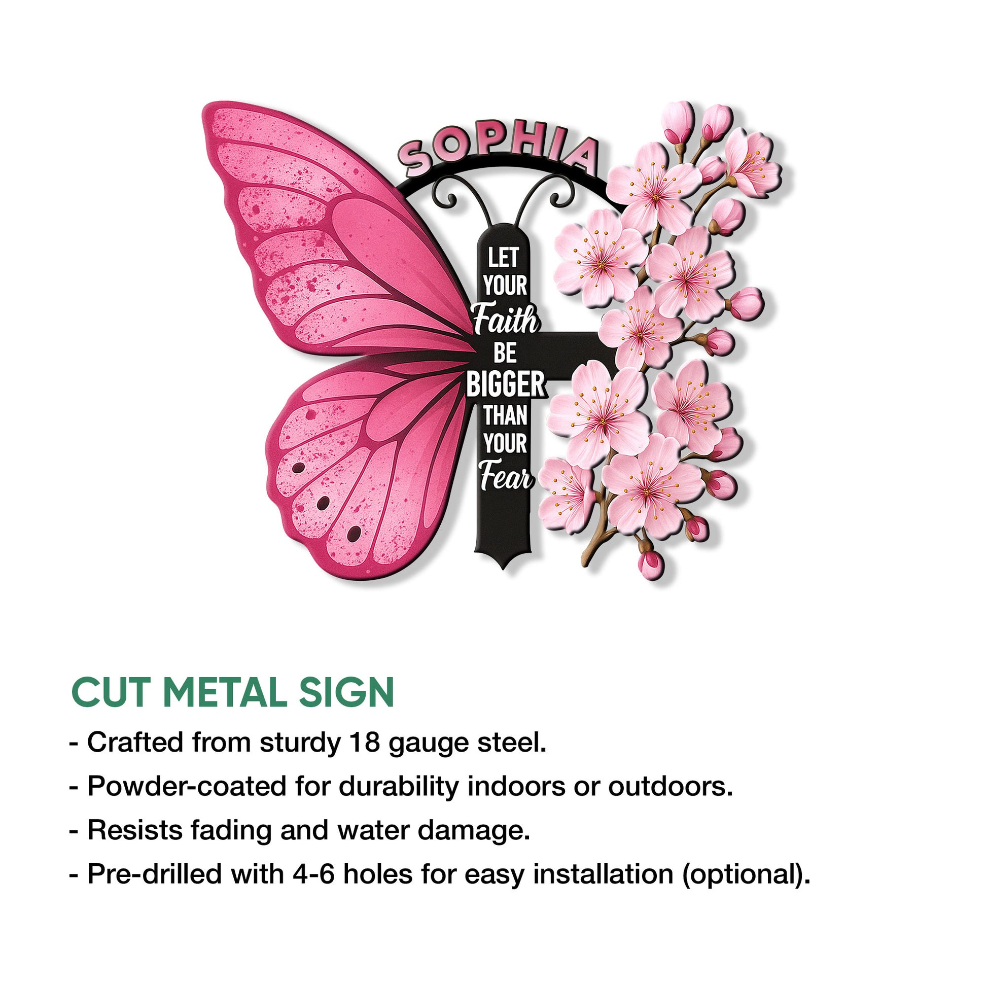 Breast cancer butterfly metal sign shown with cut metal sign features and available size options
