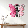 Pink butterfly breast cancer wall sign displayed as uplifting decor in a bright home entryway