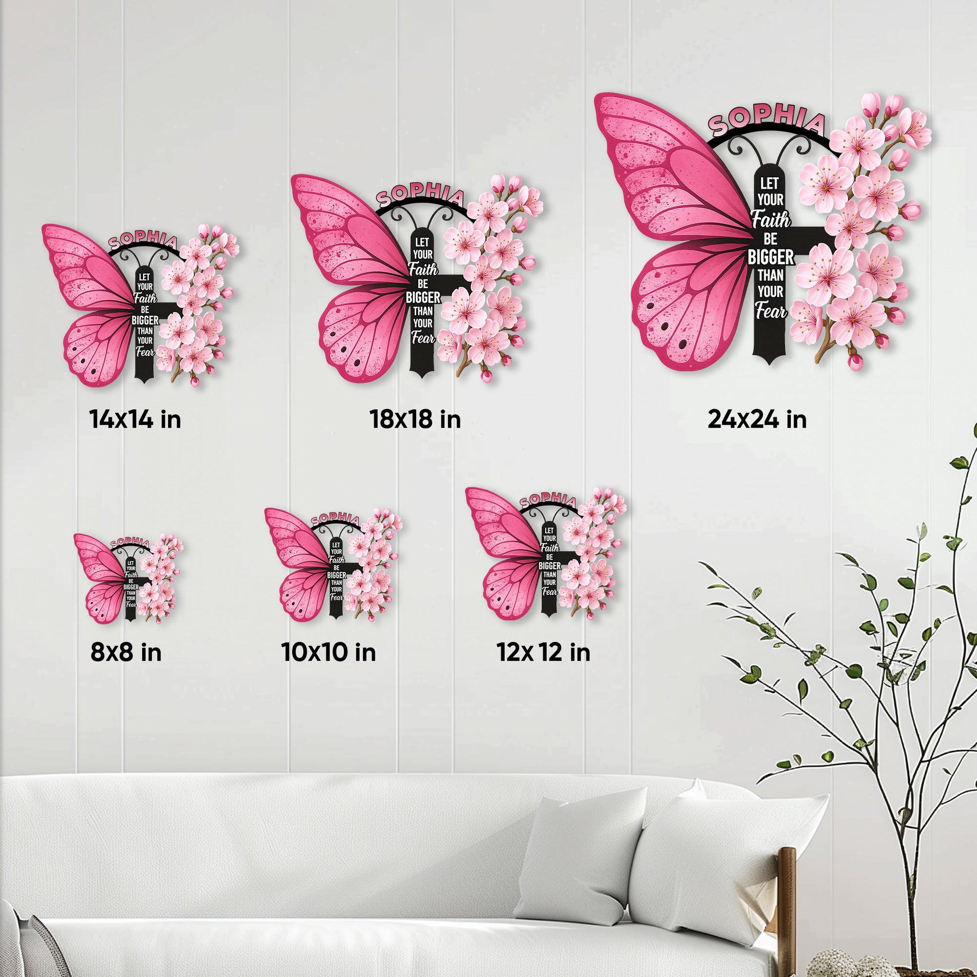 Breast cancer butterfly metal sign size guide showing options from 8 by 8 to 24 by 24 inches