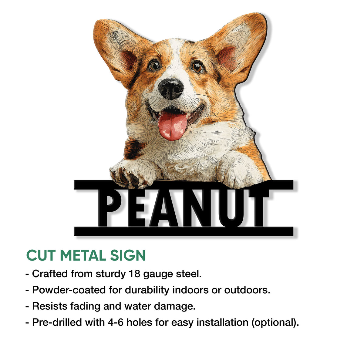 Corgi cut metal sign shown in a product feature infographic for indoor or outdoor display