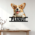 Corgi metal sign displayed on a bright paneled wall above a wood console table