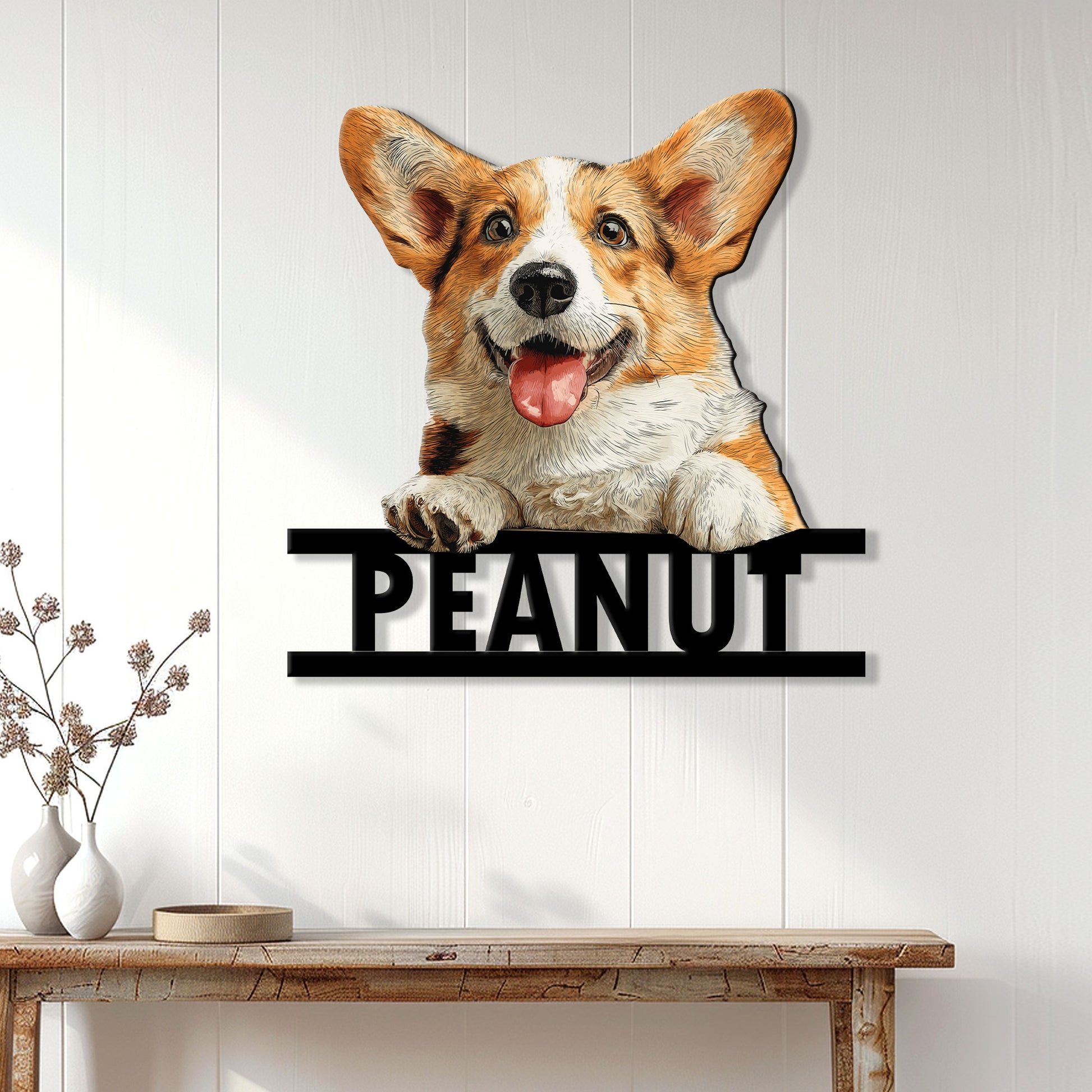Corgi metal sign displayed on a bright paneled wall above a wood console table