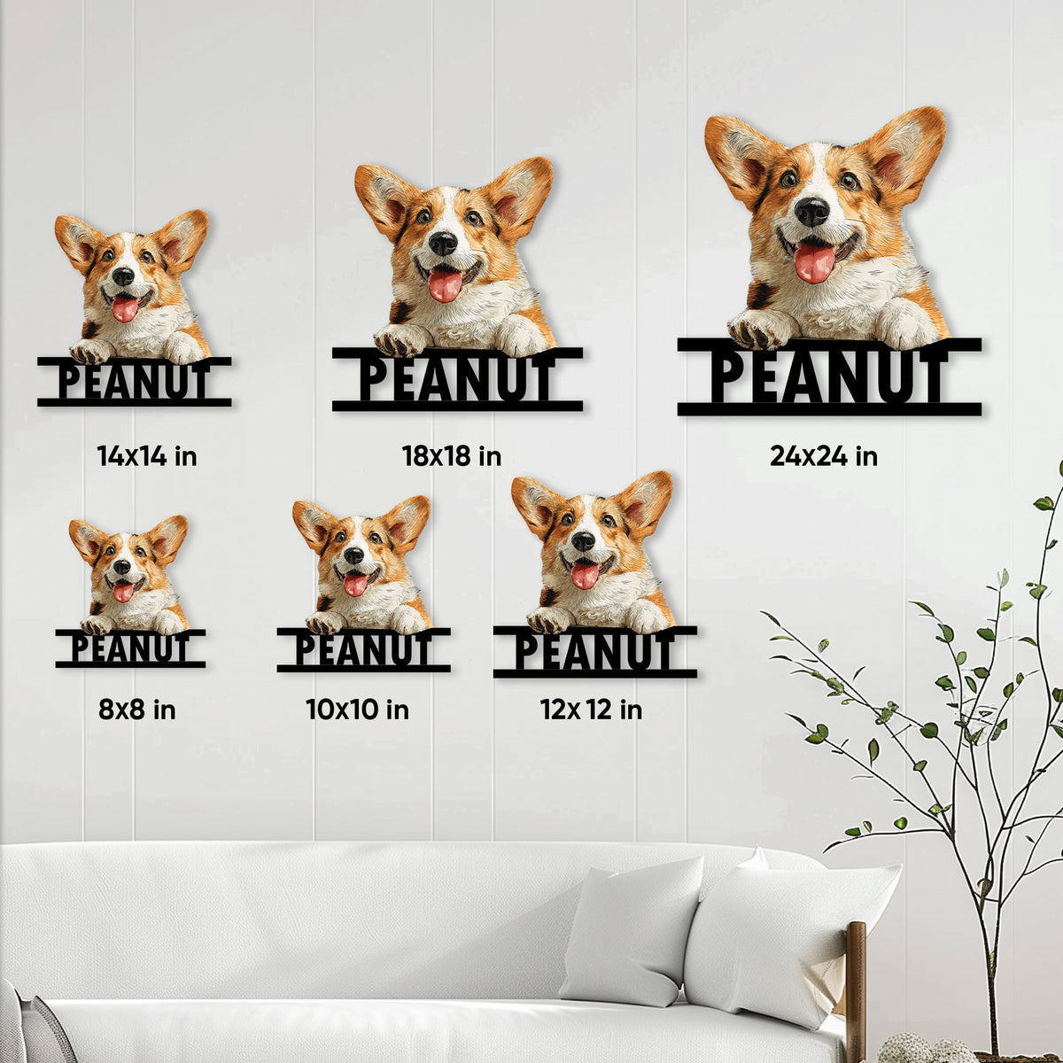 Corgi metal sign size guide showing six available sizes from 8 by 8 to 24 by 24 inches