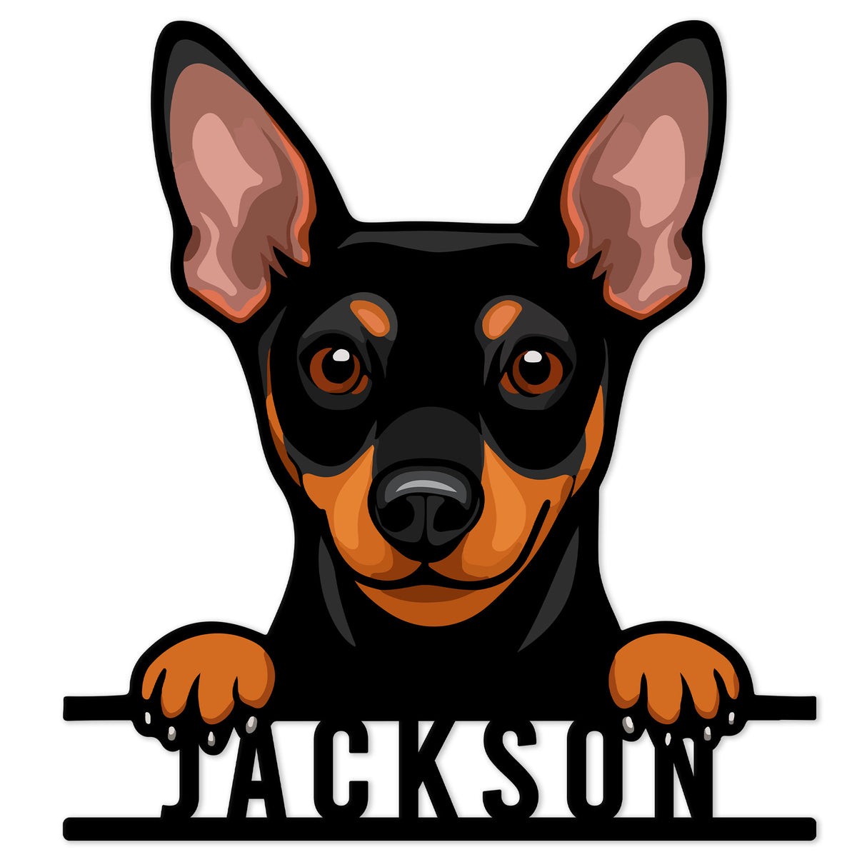 Custom Miniature Pinscher metal sign featuring a bold black and rust-colored dog portrait