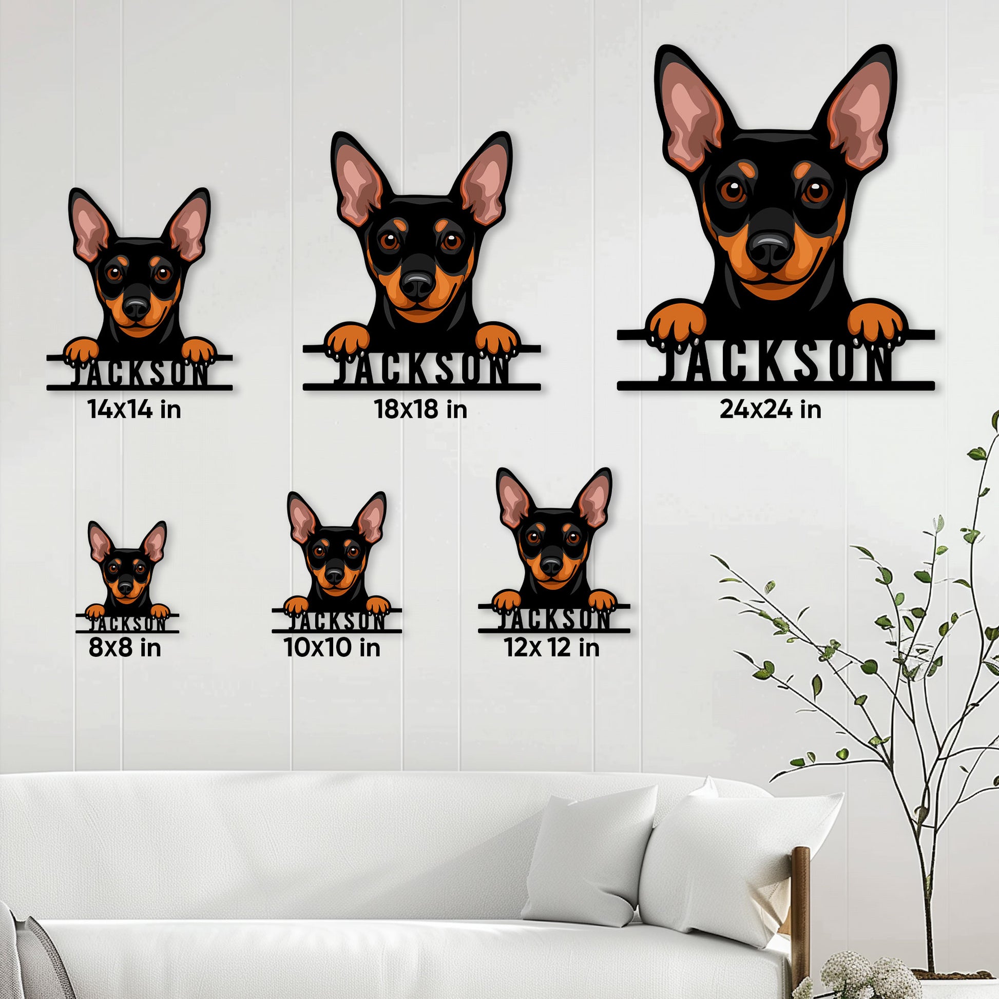 Miniature Pinscher metal sign size guide showing six available square size options