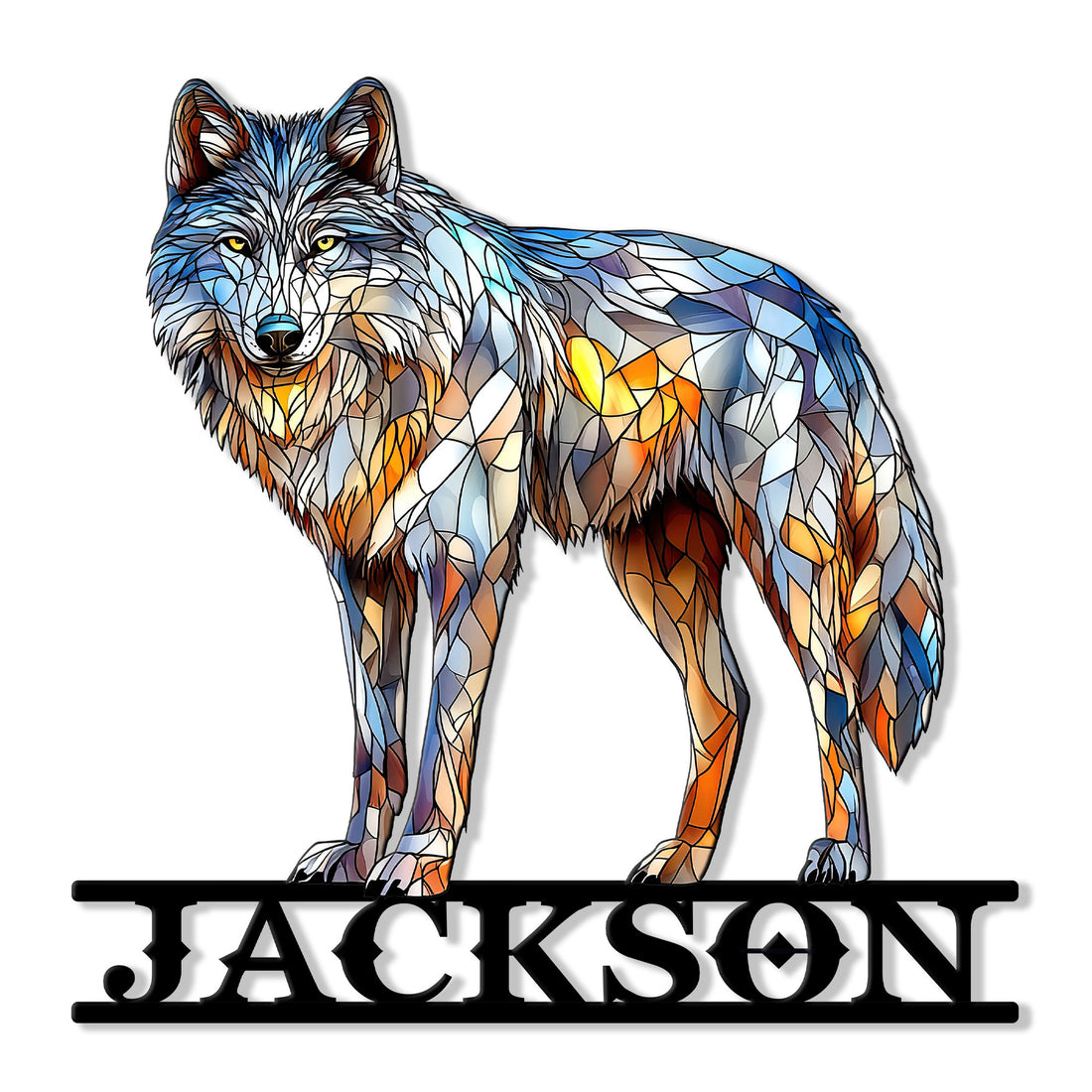 Colorful stained glass-style wolf metal sign with a geometric design and bold silhouette