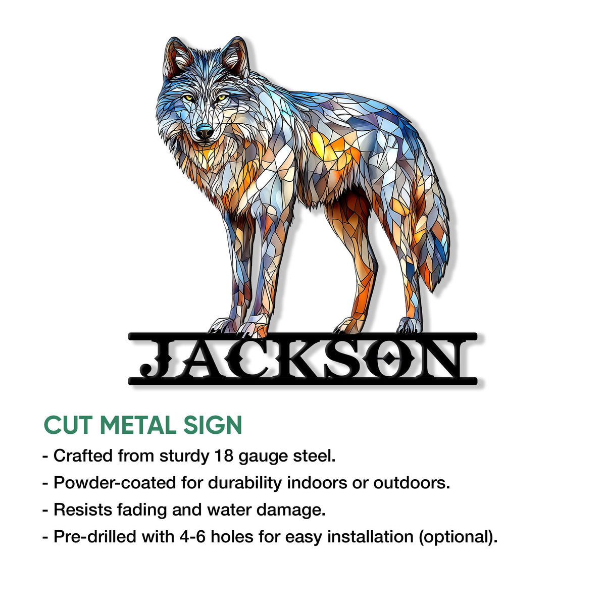Stained glass wolf metal sign shown as a cut metal wall accent with vivid blue and orange details