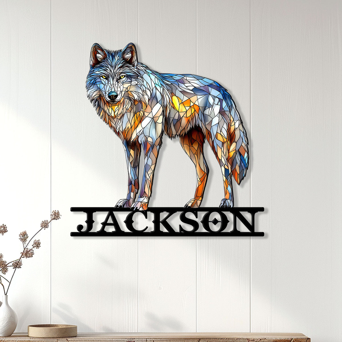 Stained glass-inspired wolf metal sign displayed on a light paneled wall above a console