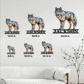 Wolf metal sign size guide showing multiple square size options in a bright living room setting