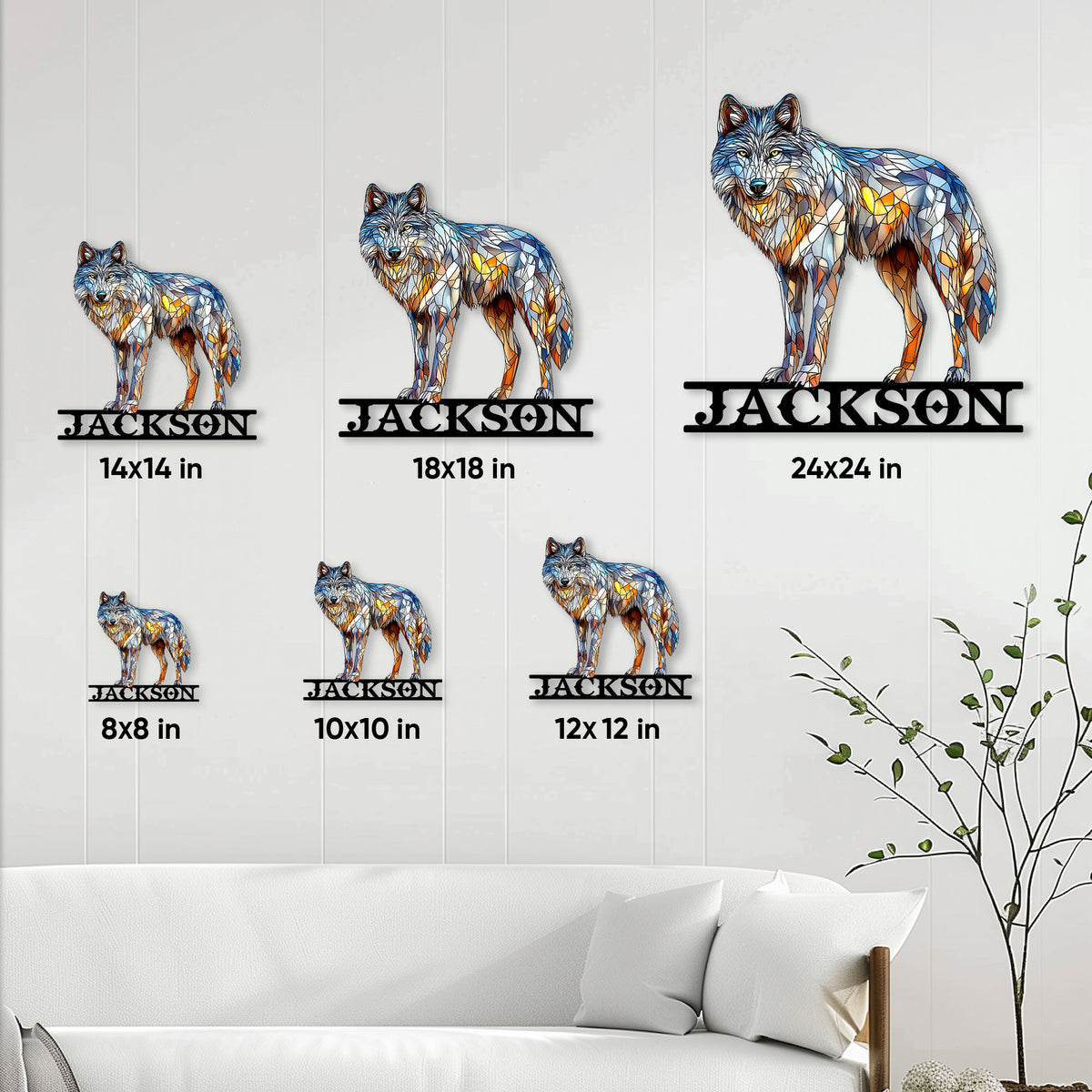 Wolf metal sign size guide showing multiple square size options in a bright living room setting