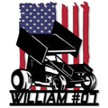 Patriotic sprint car racing metal sign featuring a black dirt track car over a distressed American flag