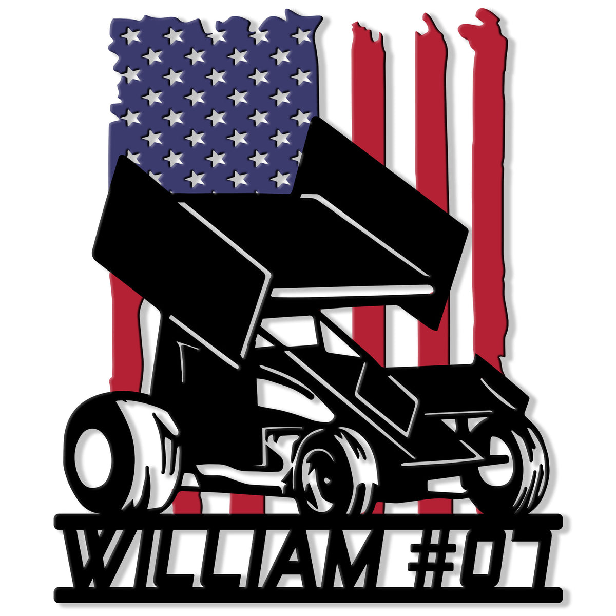 Patriotic sprint car racing metal sign featuring a black dirt track car over a distressed American flag