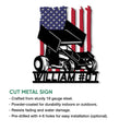 Sprint car racing metal sign shown in a product feature graphic with a bold patriotic design