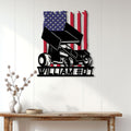 Patriotic sprint car metal sign displayed on a white paneled wall above a rustic console table
