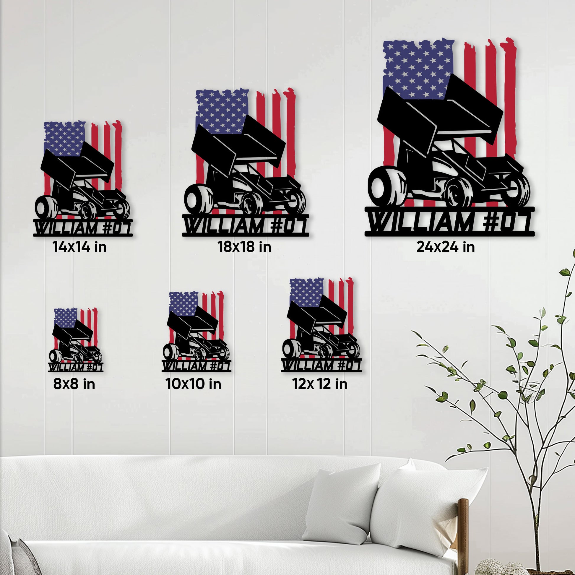 Sprint car racing metal sign size guide showing several available square dimensions in a living room