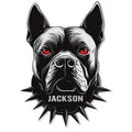 Bold black and white pitbull portrait metal sign with red eyes and a dramatic spiked collar design