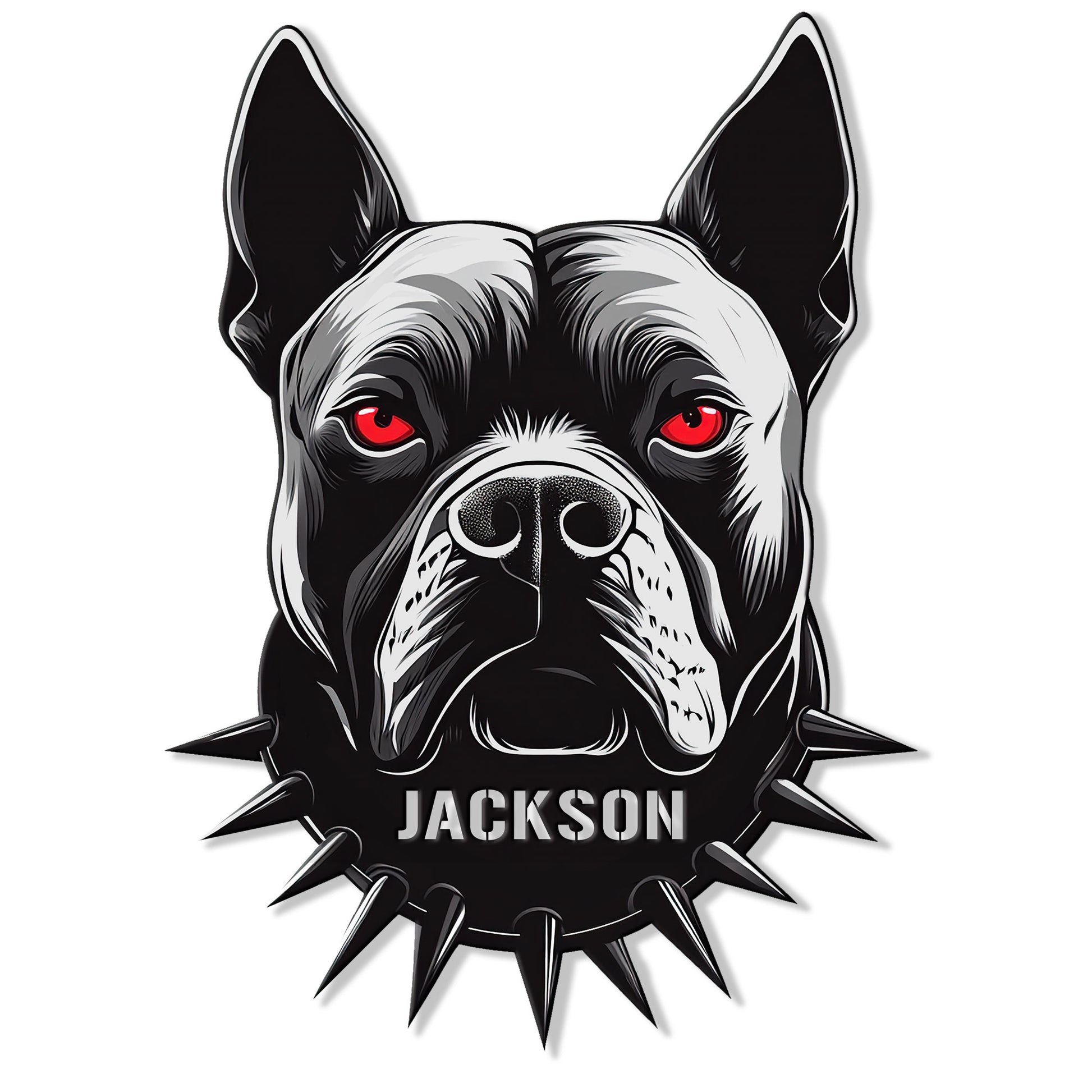 Bold black and white pitbull portrait metal sign with red eyes and a dramatic spiked collar design