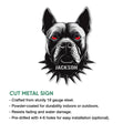 Pitbull metal sign feature graphic showing the bold dog portrait and cutout silhouette design