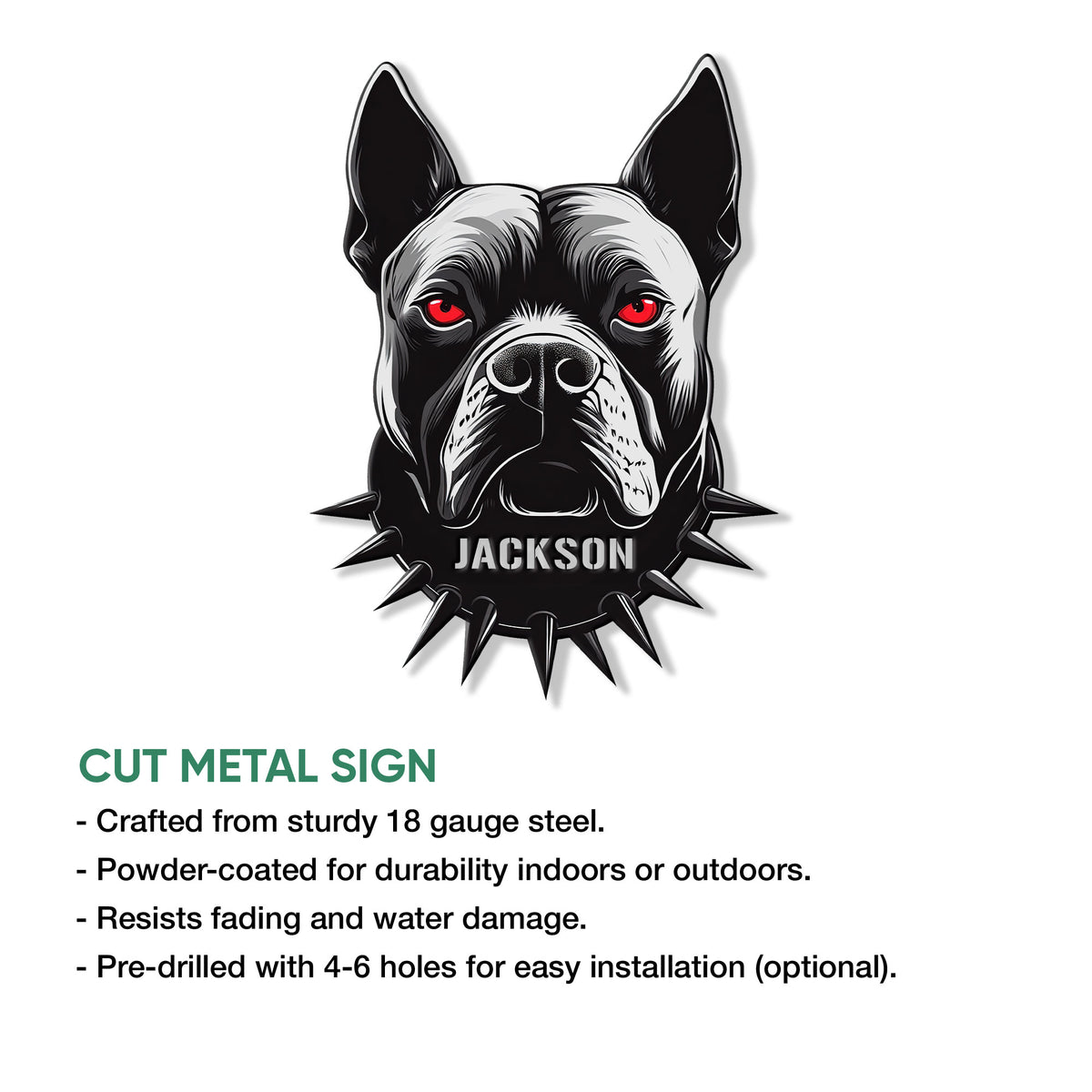 Pitbull metal sign feature graphic showing the bold dog portrait and cutout silhouette design