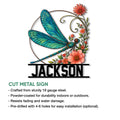 Dragonfly metal sign feature graphic showing the floral artwork and available cut metal sign qualities