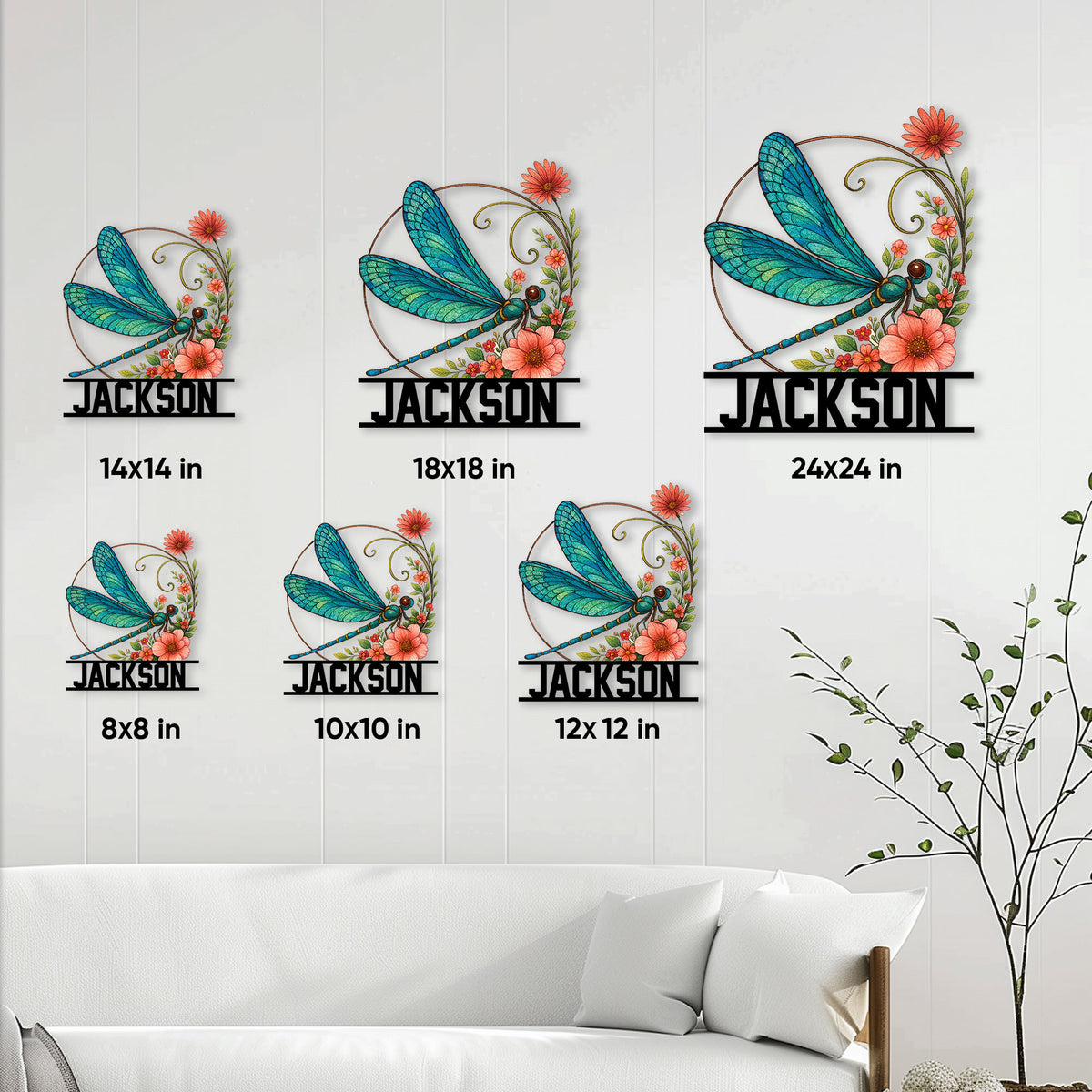 Dragonfly metal sign size guide showing multiple square size options styled on a living room wall