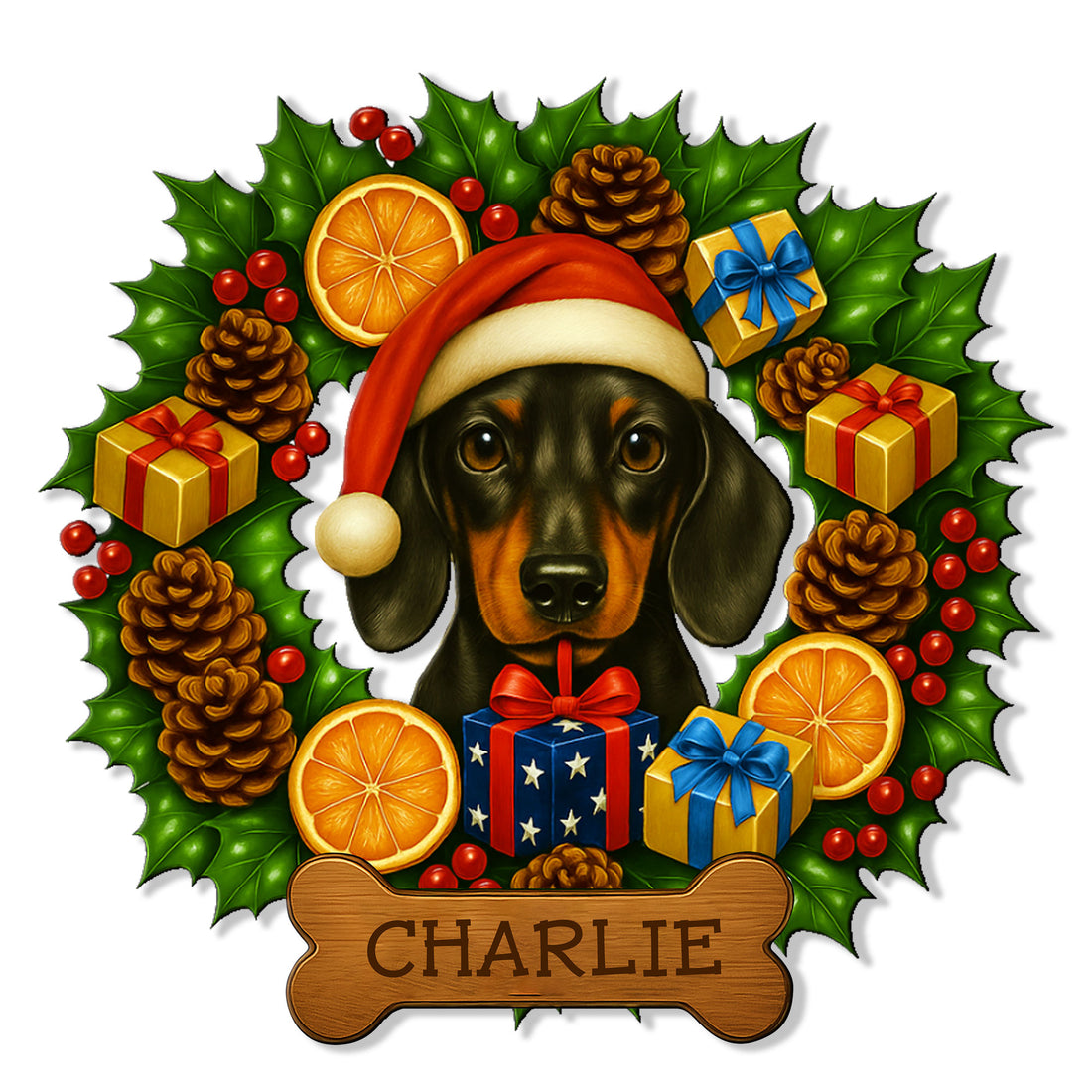 Christmas dachshund metal sign featuring a Santa-hat dog surrounded by holly, gifts, pinecones, and oranges