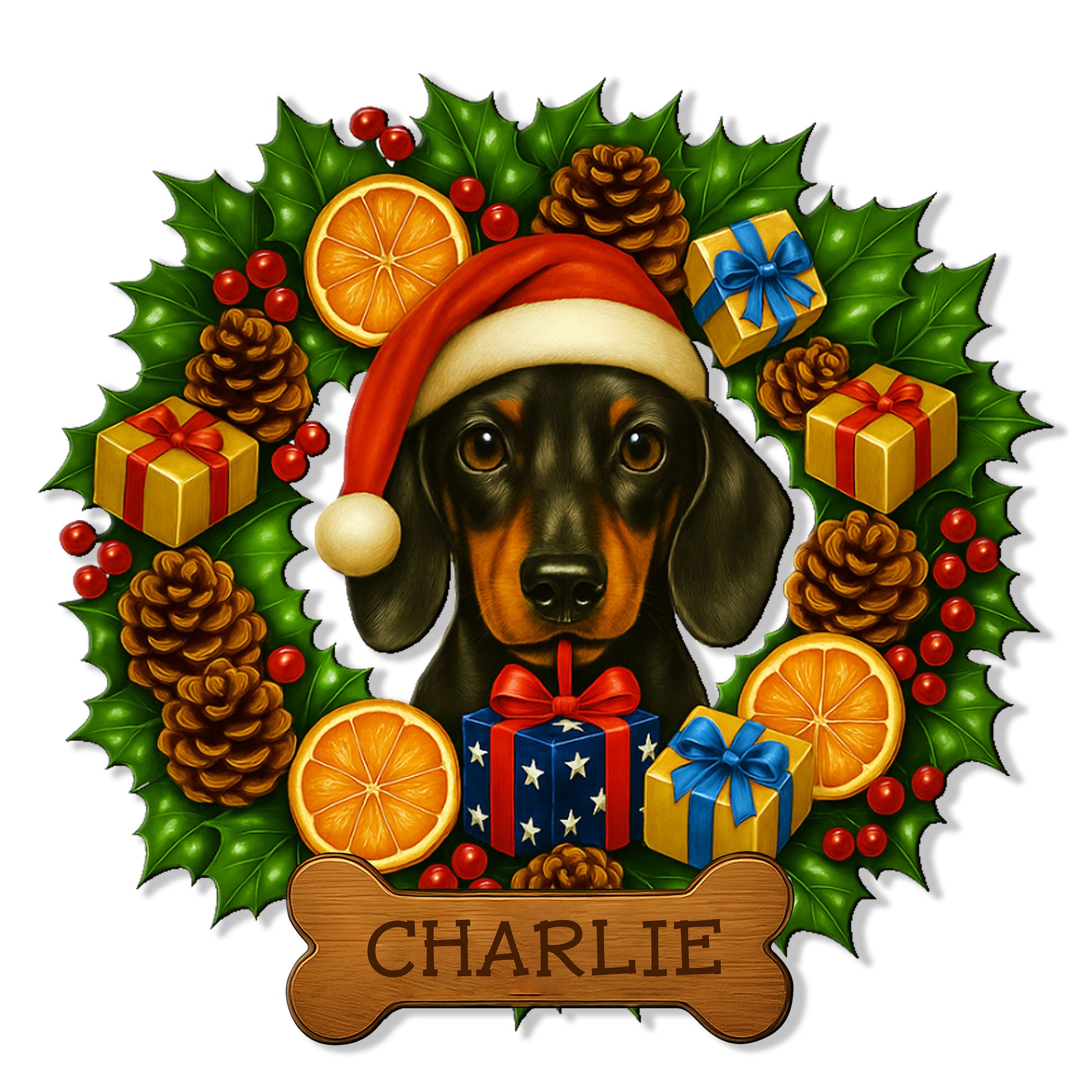 Christmas dachshund metal sign featuring a Santa-hat dog surrounded by holly, gifts, pinecones, and oranges